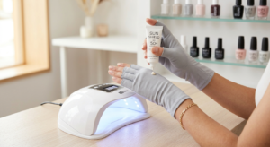 Applying sunscreen and wearing UV-protective gloves before a gel manicure to follow essential gel nail care tips for skin safety.