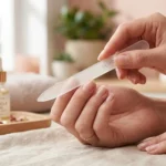 A woman’s hand demonstrating how to file your nails correctly using a professional glass nail file in a premium spa setting.