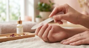 A woman’s hand demonstrating how to file your nails correctly using a professional glass nail file in a premium spa setting.