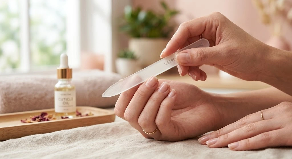 A woman’s hand demonstrating how to file your nails correctly using a professional glass nail file in a premium spa setting.