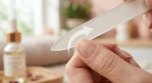 A macro shot showing how to file your nails correctly with an arrow indicating a single-direction stroke from the outer edge to the center.