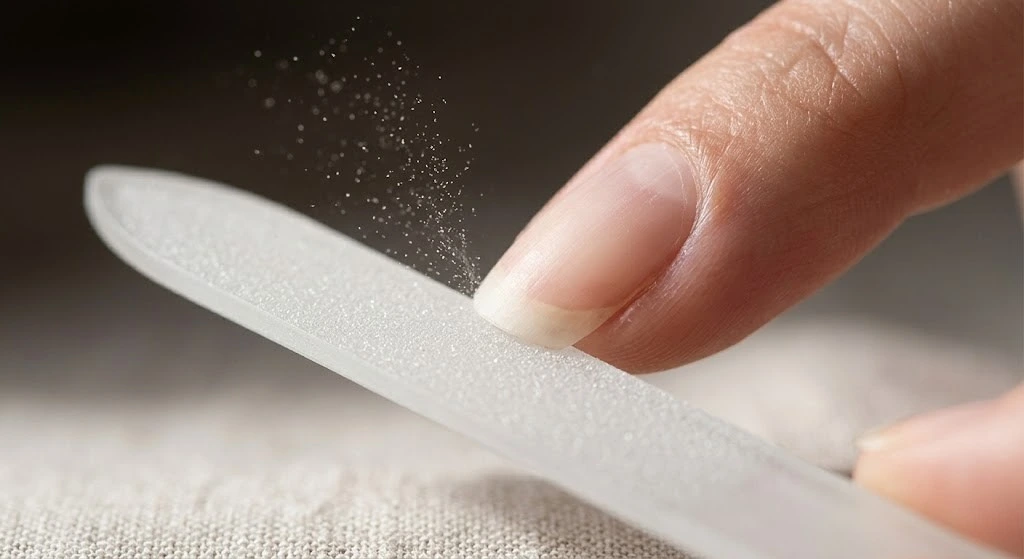 A macro photograph illustrating the singular directional filing technique. A close-up shows the edge of a medium-length natural nail.