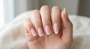 A close-up of a hand showcasing different nail shapes, including square, round, and almond, following a how to shape your nails guide.