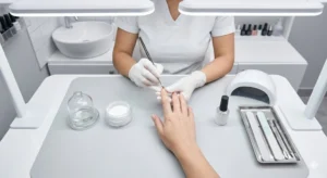 A professional technician performing expert acrylic nail care at a clean salon station.