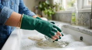 A person wearing stylish green rubber gloves while washing dishes to protect their manicure from water and chemicals.